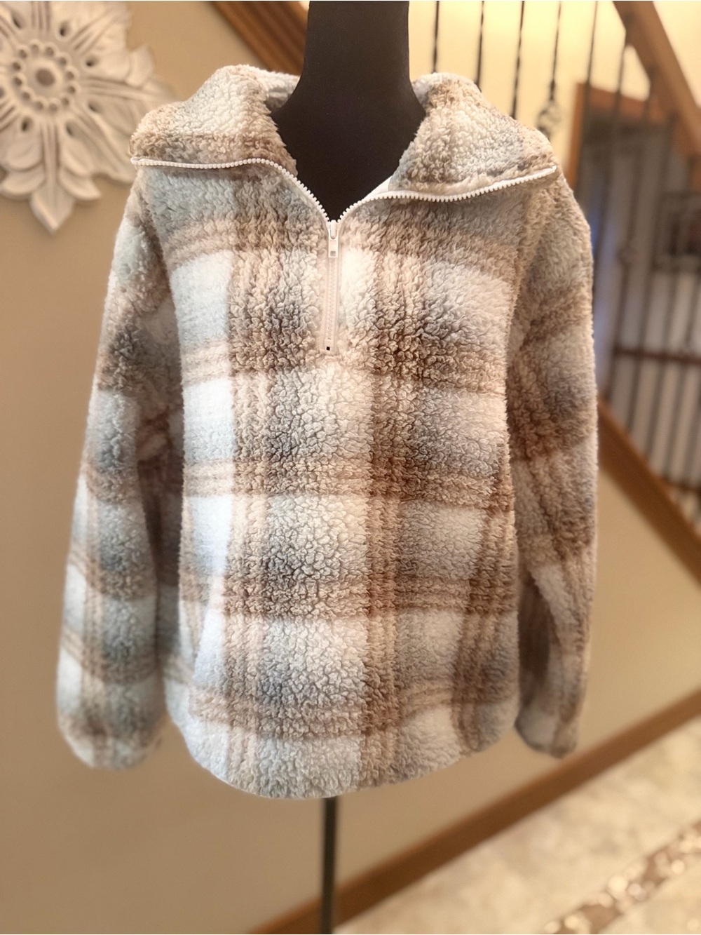 Lazy Sunday Women’s Large Plaid Sherpa Pullover Quarter Zip Fleece Cozy